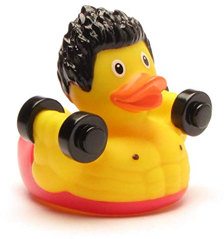 Duckshop I Badeente Bodybuilding I Quietscheente I L: 8,5 cm I inkl. Quietscheentchen-Schlüsselanhänger im Set I Geschenk Fitness-Freaks I Präsent Sportler I Sammler