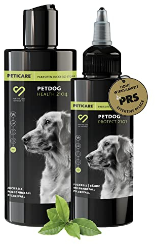 Peticare Anti-Parasiten Set für Hunde | gegen Milben Flöhe Pilze | lindert effektiv Juckreiz & unterstützt Regenerationsprozess | Pflege-Lotion 100 ml & Hunde-Shampoo 250 ml – petDog Set 2135