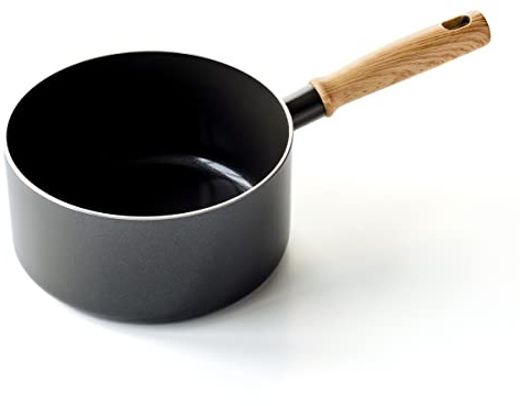 GreenChef Vintage Gesunde keramische Antihaftbeschichtung, 18cm/2,1 Liter Milchtopf, Griff in Holzoptik, PFAS-frei, induktionsgeeignet, spülmaschinenfest, grau