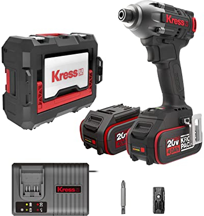 Kress 20V Akkuschlagschrauber zum Befestigen und Lösen von Schrauben, 230Nm, 2x4.0Ah, Ladegerät 6A, 6kant Direktbitaufnahme, Stapelbox
