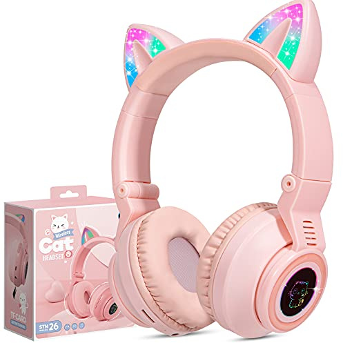JYPS Bluetooth Kopfhörer Kinder, Katzenohren Kabellos Kopfhörer für Kinder mit LED und Kabel ab 3 4 5 6 7 Jahre, Over Ear Kids Headphones für iPad/Tablet/Schule