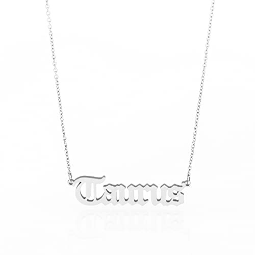 Minegreet Old English Zodiac Necklace for Women, Horoscope Birth Star Sign Letter Astrology Constellation Necklace Birthday Gift (Taurus-Silver)