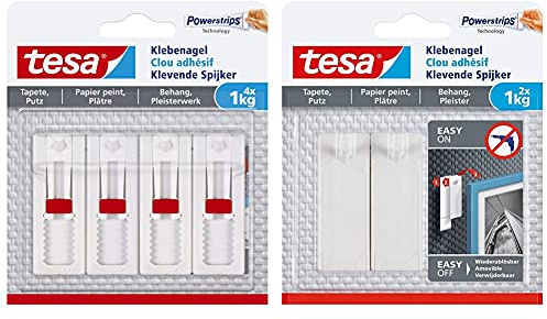 tesa Verstellbarer Klebenagel (für Tapeten und Putz 1 kg, Höhenverstellbarer) 4er Pack & Klebenagel für Tapeten und Putz 1kg - Selbstklebende Nägel für empfindliche Oberflächen