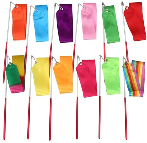 12PCS Rhythmic Dance Ribbons 10 Colors Gymnastics Ribbon Dancer Wand Unisex Dancing Streamers for Artistic Dancing Gymnastics Circus Carnival Shows Talent Shows