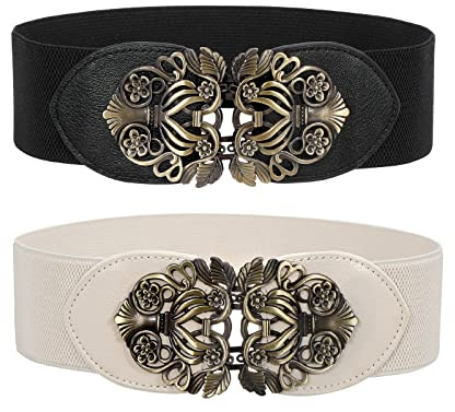 WERFORU 2 Stücke Breiter Elastischer Taillengürtel für Frauen, Damen Vintage Stretchy Taille Gürtel Breite Retro Mode Cinch Schwarz/Beige