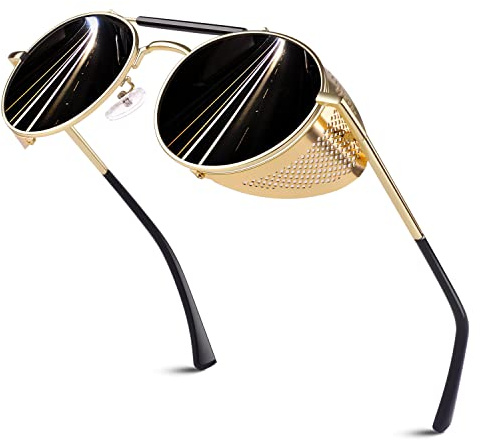 Sunier solglasögon män runda polariserade retro steampunk metall sidoskyddsglasögon damglasögon 100 % UV-skydd katt 3 CE, 1.1 guldram grå lins, Medium