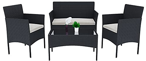 Arreditaly Set Di Mobili da Giardino Salotto Salottino in Rattan 4 Posti con Tavolino E Ripiano In Vetro 2 Poltrone e Divano 2 Posti Per Giardino Esterno Piscina Cuscini Sfoderabili Colore Nero