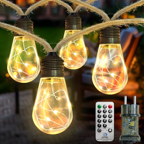AGOTD Catena luminosa a LED per esterni e interni, 6 m, vintage, con corda di canapa, 20 lampadine a LED, 8 modalità, decorazione per giardini, feste, balconi, matrimoni, camere, caffetterie,