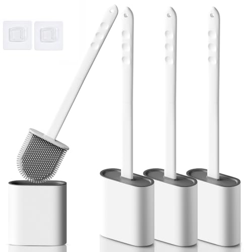 Silicone Toilet Brush with Holder Set Pack of 4 - Flat Flexible Head Under-Rim Clean Where Others Miss, Non-Stick Easy Rinse,Drip-Free Holder, Wall Mounted Toilet Brush White or Loo Brush