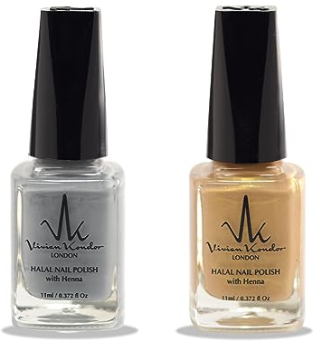 Halal Nagellack Set 2 x vegan Wudhu Henna Nagellack lang anhaltend glänzend (Zartgrau + Goldbeige)