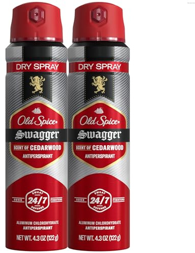 Old Spice Dry Spray Antiperspirant Deodorant for Men, 24/7 Sweat & Odor Protection Spray, Long Lasting Dry Spray, No Residue, Fresh Swagger with Cedarwood Scent, 4.3 oz Cans, (Pack of 2)