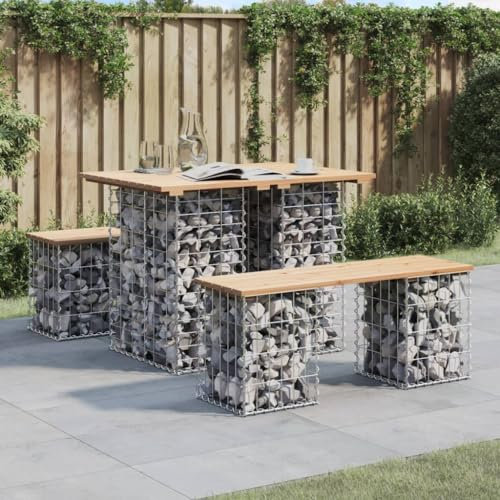Gecheer Table de Jardin en Pin Massif avec Piétement Gabion - Design Compact et Stable
