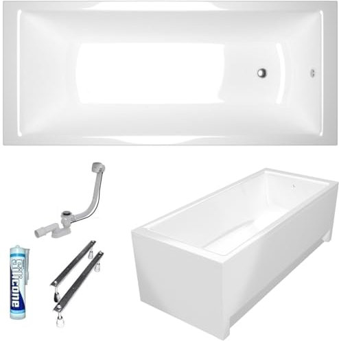 ECOLAM Baignoire rectangulaire Tami 150x70 cm + tablier en 2 parties | vidage et trop-plein automatique pieds et silicone | set complet