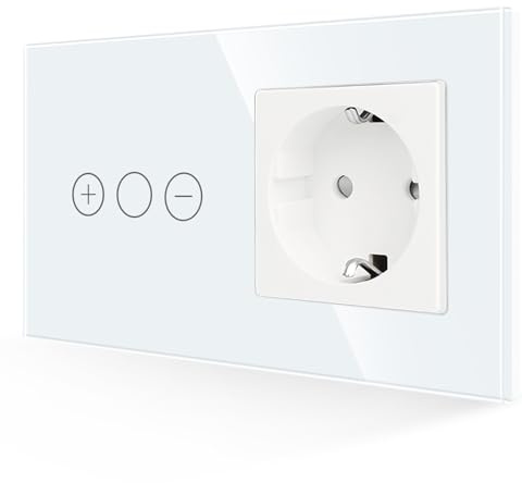 JIMEIDA Interruttore dimmer con presa di corrente, colore bianco, dimmer touch, vetro temperato con retroilluminazione a LED, 157 x 86 mm