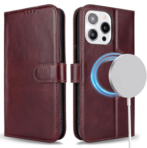 ELTEKER Handyhülle für iPhone 15 Pro Max Hülle [Echtes Leder] Klapphülle Schutzhülle Flip Case - Braun