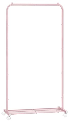 SONGMICS Kleiderständer, Kleiderstange auf Rollen, Garderobenständer 74 cm breit, Rollgarderobe mit Gitterablage, bis 35 kg belastbar, 2 Rollen arretierbar, Stahlrahmen, pastellrosa HSR130R01