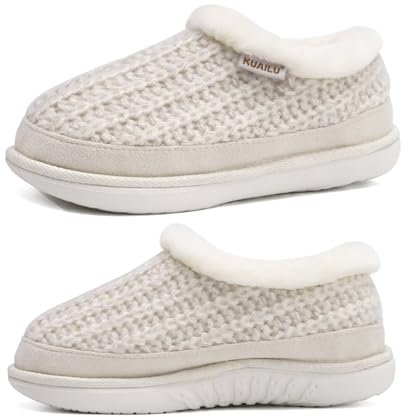 KuaiLu Hausschuhe für Frauen bequeme Speicher Schaum stricken Pantoffel Damen warm Fuzzy Plüsch Pelz gefüttert Winter nach Hause Schuhe Arch Support Indoor Outdoor Hard Sole Beige 39
