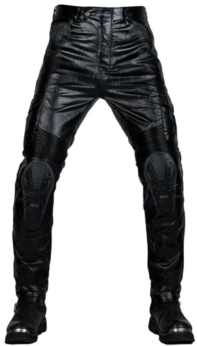 QIYUANT Pantalones Cuero PU de Moto Verano para Hombre Motocicleta Jeans Pantalón de Motorista Mujer Elásticos Casual Retro con Equipo de Protecciones Mejorada (Negro, L)