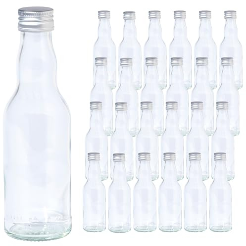 Vitrea 24 leere Glasflaschen 200ml Schraubverschluss Silber - kleine Flaschen zum Befüllen mit Deckel - für Saft, Getränke, Likör, Öl, Saucen, Sirup - 24 Stück, PP28, Kropfhals