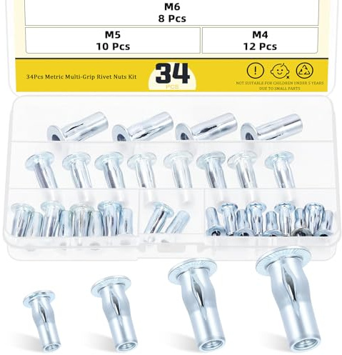 Mardatt 34 Stück M4 M5 M6 M8 Multi-Grip Nietmuttern, verzinkt Pre-Bulbed Shank Flat Head Threaded Insert Nut, Kohlenstoffstahl Nietmuttern für Bauindustrie