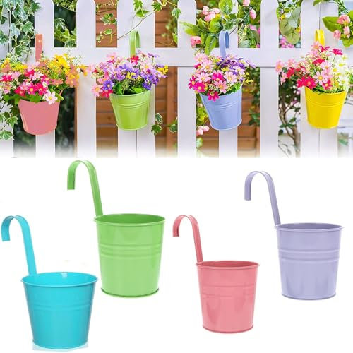 Semazz Pots de Fleurs Suspendus,4 pcs Pots de Fleurs Exterieur Pot Suspendu en Métal Suspension Plante avec Crochet Paniers de Jardinière Suspendus pour Balcon Clôture Jardin