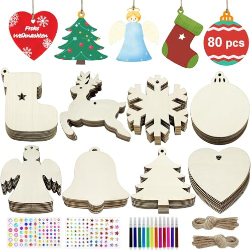 Pextian 80 Stück Holzanhänger Weihnachten zum Bemalen, 8 Stile Basteln Weihnachten, Holz Anhänger Bastelset mit Stift, Edelstein- und Sternaufklebern zum Weihnachtsbaum, Christbaumschmuck
