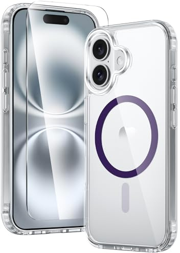 FNTCASE for iPhone 16 Case: Clear Magnetic Military Grade Drop Protection Anti Yellowing Slim Case - Rugged Shockproof Protective Transparent Cell Phone Cover(Dark Purple)
