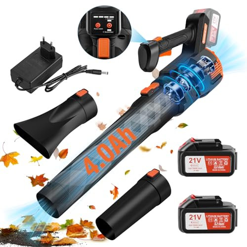 CHANGE MOORE 21V Soffiatore a Batteria con 2 Batterie 4000mAh, Motore senza spazzole 3 velocità regolabili fino a 22000RPM, potenza di aspirazione 494 CFM, Rimozione di Foglie Fango e Neve arancione
