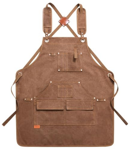 Heavy Duty Canvas Work Apron with 12 Tool Pockets - Adjustable Carpenter Apron with Cross-Back Straps for Kitchen, Garden, Craft Workshop - Men and Women's Garage Apron