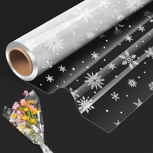 Cellophane Wrap Clear Wrapping Paper Roll with Snowflake Pattern,40CM x 30M Florist Gift Wrappings for Christmas Birthday Gifts Hampers Easter Basket Valentines Day Flowers Crafts