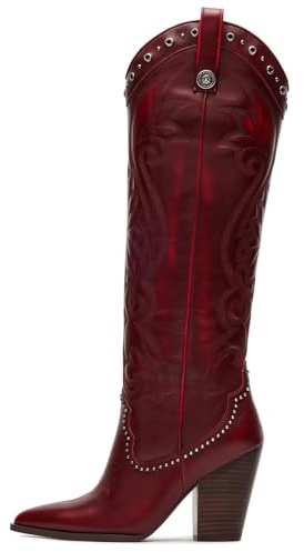 VOMIRA Knee High Burgundy Cowboy Boots for Women - Pointed Toe Chunky High Heels Pull-on Embroidered Western Boots for Wide Calf Cowgirls