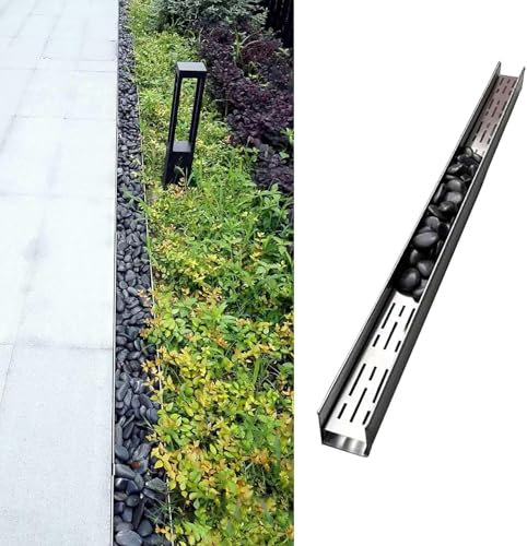 Canaletta Scolo Acqua Piovana Canale di Drenaggio Decorativo in Ciottoli per Cortile, Filtro di Drenaggio in Acciaio Inox 304 con Tubo di Scarico e Griglia, Coperchio di Scarico Esterno Rimovibile(6cm