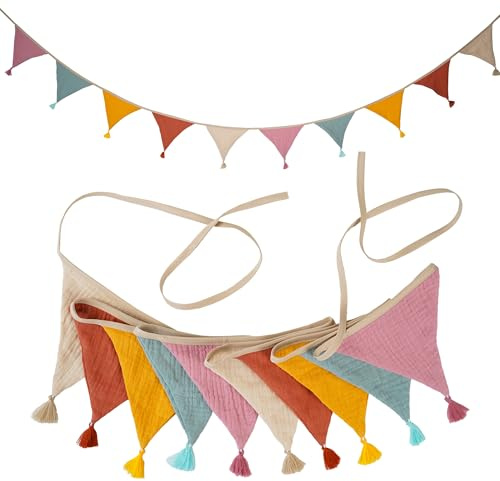 Fabric Bunting Banner, 2 Pack Handmade Neutral String Banner with Tassel Each 8.5 ft 10 Flags Nursery Wall Hanging Wedding Birthday Home Baby Shower Party Decoration Bunting (Pink Candy 2 Packs)