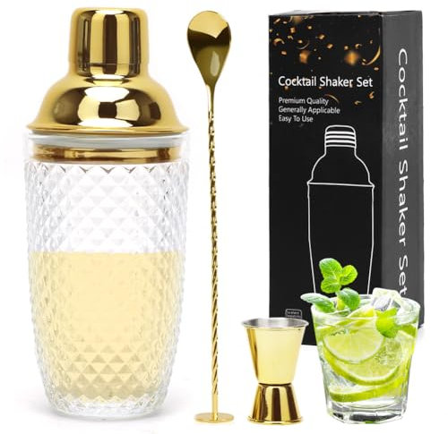 Shaker à cocktail en verre transparent de 400 ml - Accessoire de bar - Avec verre doseur - Cuillère de bar - Cadeau pour homme - Doré