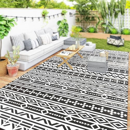 Outsunny Outdoor Teppich robuster Wetterfest Outdoorteppich, faltbar Carpet mit Boho-Style, Outdoor-Teppich für Wohnzimmer Balkon Garten Terrasse Bad Flur Küche, 548 x 274 cm Schwarz+Weiß