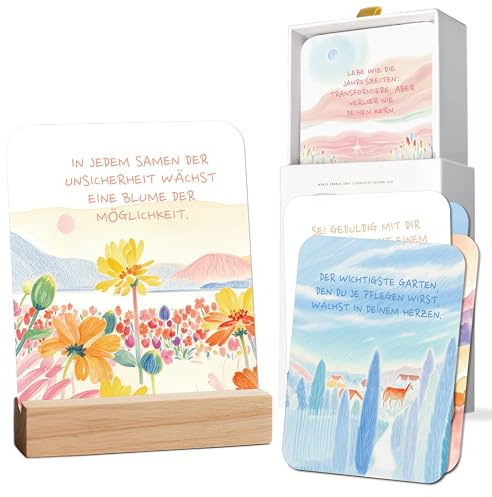 BIROYAL 55 Affirmationskarten für Erwachsene mit Holzaufsteller, Klassisch | Achtsamkeitskarten mit positiven Sprüchen für Selbstliebe und Achtsamkeit, hochwertige Pappschachtel, Geschenk für Frauen