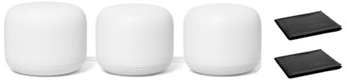 Google Nest WiFi Mesh Router (AC2200) with 2 Points, Google Assistant Built-in, 3-Pack, Snow – Whole Home Coverage up to 5400 Sq Ft, Multiple 4K Streams, Handles 200 Devices, W/ 2X Microfiber Cloths