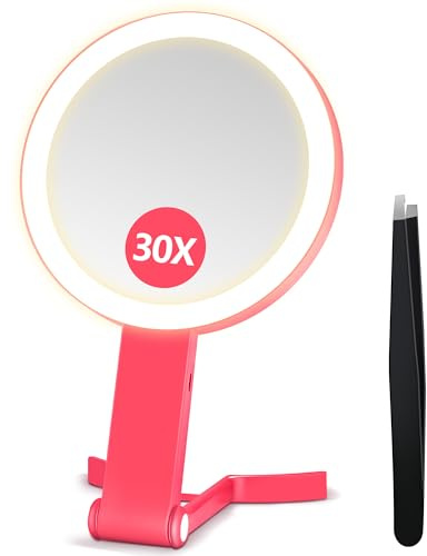 B Beauty Planet 30X/1X Vergrößerungsspiegel mit Licht, Höhenverstellbarer Schminkspiegel mit Beleuchtung, Faltbarer Handspiegel mit Digitalanzeige & Handyhalterung, Tisch- und Reisespiegel, Heißpink