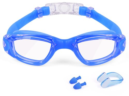 DiULi Occhiali da Nuoto, Occhiali da Piscina Unisex con Protezione UV, Antiappannanti e Senza Perdite, con Clip per Naso e Tappi per Orecchie, per Adulti, Adolescenti e Bambino, Blu