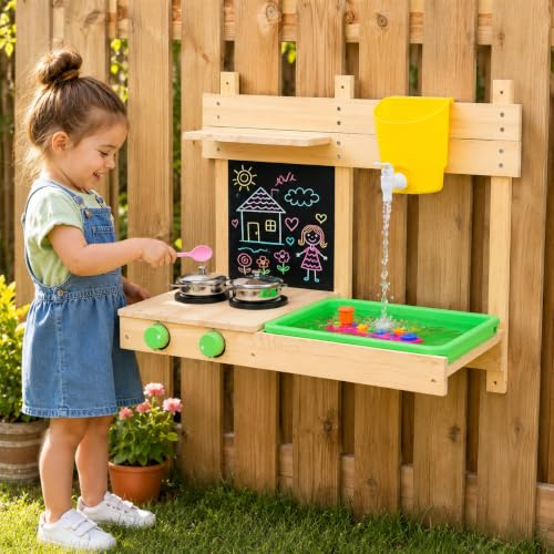 Accessoire de Cuisine en Bois pour Enfants BlueWood – Cuisine extérieure avec évier, cuisinière, Tableau Noir et Accessoires de Jeu, 73×32,5×56 cm