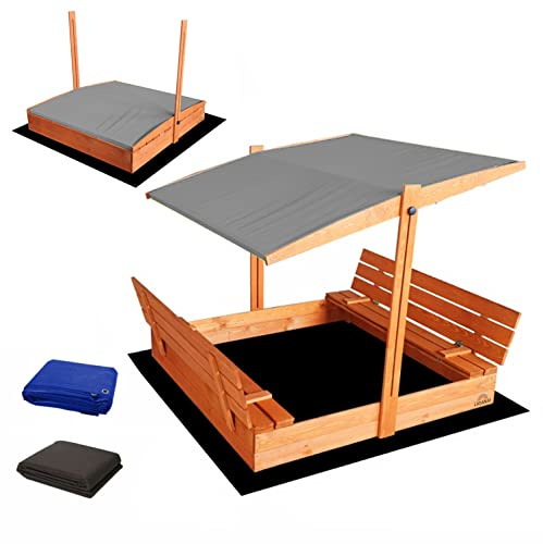 Sandkasten aus Holz 140x140 cm mit Bänken, Deckel & Sonnendach Imprägniert