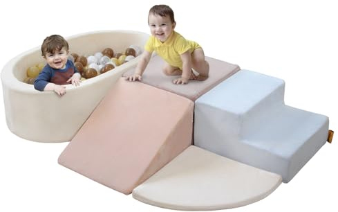BanaSuper Bloques de Espuma para Niños con Piscina de Bolas (Sin Pelotas), Equipo de Juego Blando para Niños Pequeños, Juguete Montessori Piscina de Bolas, Gimnasio Interior para Bebés, Azul Rosa