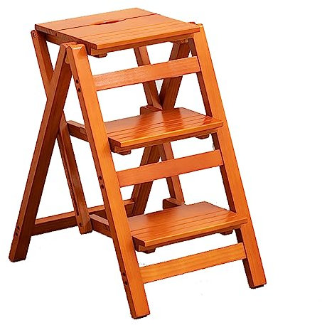 Escabeau pliable en bois massif couleur miel - Échelle décorative multifonction pour la maison, la cuisine, la bibliothèque, les étagères à fleurs - Design compact et élégant