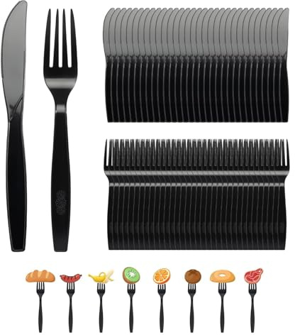 200 Stück Plastikbesteck, Plastik Besteck, Plastikbesteck Schwarz, Wiederverwendbar Set für Pizza, Dessert, 100 Plastikmesser & 100 Gabeln Plastikbesteck für Familienfeiern Outdoor Dinner, schwarz