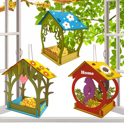 Kustimantu Mangeoire d'extérieur pour oiseaux - En bois - Avec distributeur de nourriture intégré - Décorative et imperméable - Peinte à la main - Pour balcon, terrasse, jardin et fenêtre