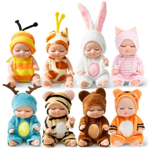 8 Stück Babypuppe, Mini Puppe, Mini Babypuppen, Newborn Reborn Baby, Mit Tieren Stil Kleidung ,Waschbares PVC-Material, Realistische Bewegliche Babypuppe, Puppenspielzeug für Mädchen und Kleinkinder