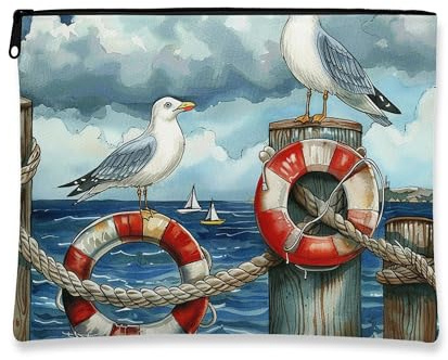 Nautical Makeup Bag, Seagulls and Lifebuoys Coastal Cosmetic Travel Bags for Women, Portable Small Canvas Zipper Pouch, Beach Gift Skincare Toiletry Bag Organizer 7x9 Inch