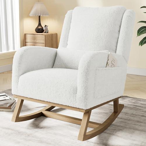 BHFFTHK Schaukelstuhl,Stillsessel Schaukelsessel mit Lendenkissen,Teddy Velvet Gepolsterter Sessel mit Holzbeinen & Seitentaschen, Schwingsessel für Wohnzimmer Schlafzimmer Balkon (Weiß-C)