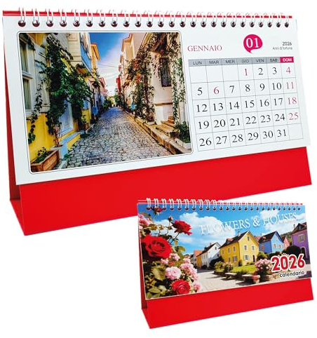 Calendario de mesa 2026 Leddy Living 24 x 14,5 cm en espiral tema flores y casas con fotos en color y amplio espacio notas perfecto para casa, oficina y escritorio