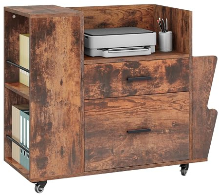 YITAHOME Rolling Aktenschrank mit Seitenhaltern und 4 Rädern, Braun | Aktenschrank mit verstellbaren Hängestängen für A4 / Brief Dokumente, Druckerstander für Home Office